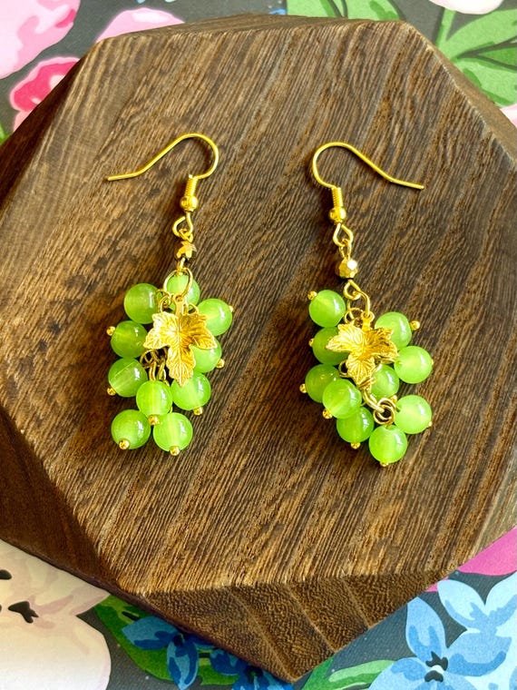 Vineyard Whispers Earrings – Spring Green Grape Beads, Gold Leaf Charm, Gold Hematite Accents, Stainless Steel Hooks