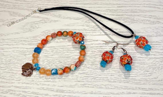 Gemstone Bracelet / Pendant Necklace / Earrings - Ocean Jade / Tourmaline Crystal Healing, Fall Jewelry, Pumpkin
