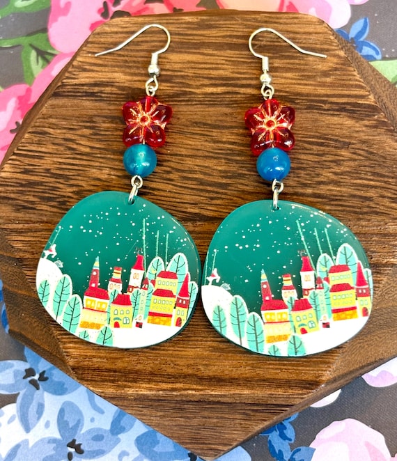 Winter Village Dangle Earrings: Czech Glass Flowers & Apatite Gemstones