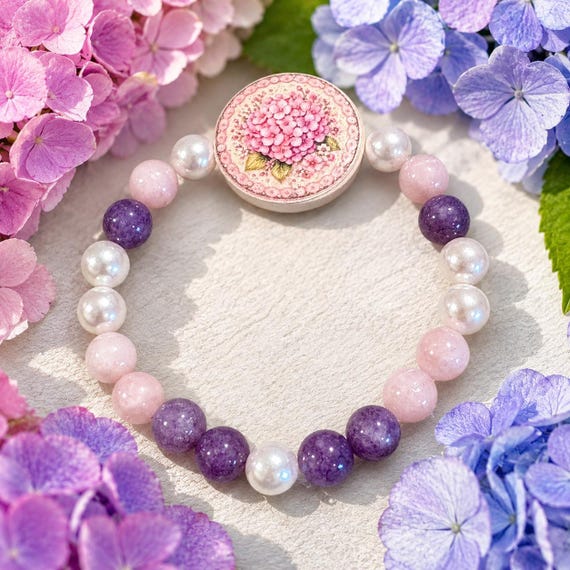 Hydrangea Blush Kunzite & Lepidolite Bracelet • Handmade Pearl Gemstone Stretch Bracelet • Artisan Floral Wood Bead Jewelry • Cottagecore