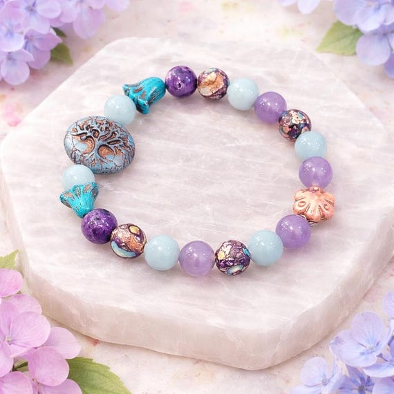 Tree of Life Gemstone Bracelet • Angelite, Lepidolite & Jasper