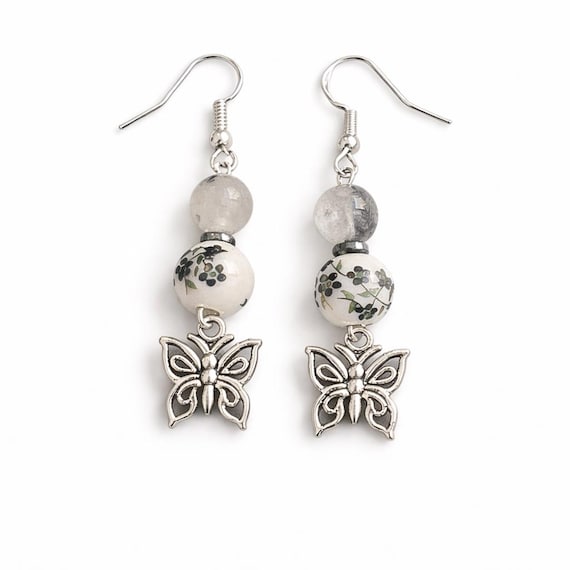 Midnight Garden Butterfly Earrings – Tourmalinated Quartz, Hematite, Stainless Steel Dangles