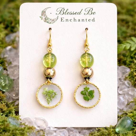 Pressed Flower Dangle Earrings | Gold Shamrock, Hematite | Hypoallergenic Ear Wires