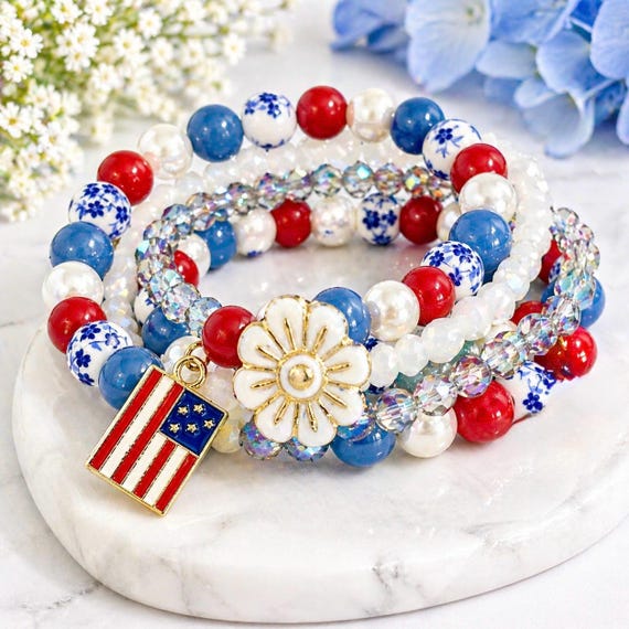 Patriotic Wrap Bracelet, Red White Blue Jewelry, American Flag Star Bracelet, Jade Aventurine Bracelet, Enchanted Boho Wrap, Summer Jewelry