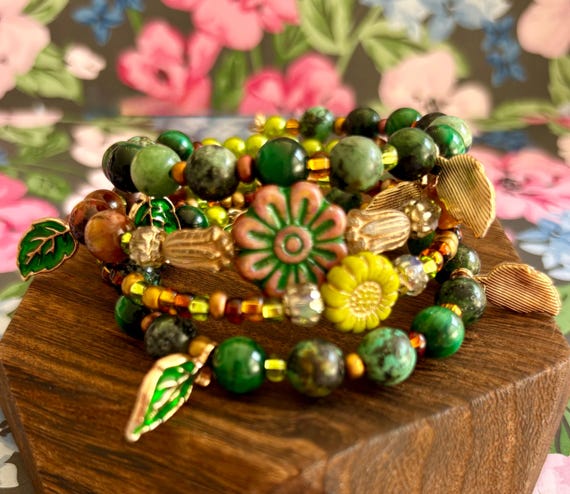Autumn Bloom Wrap Bracelet: Czech Glass Flowers, Tiger's Eye & Enamel Leaf