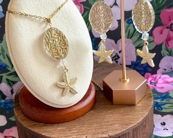 Quartz & Starfish Necklace Earring Set: Gold Etched Beads, Reiki-Infused