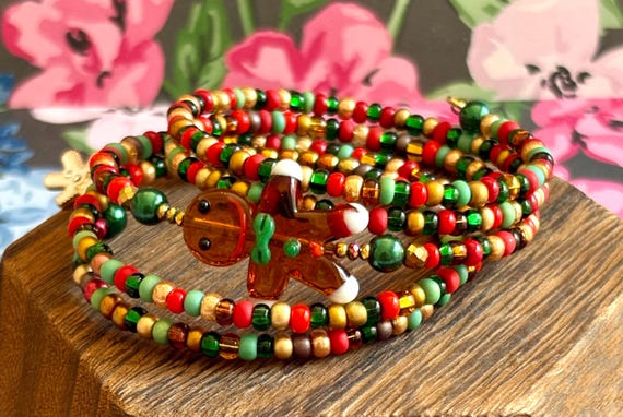Gingerbread Holiday Wrap Bracelet: Czech Glass, Hematite, and Enamel Charms