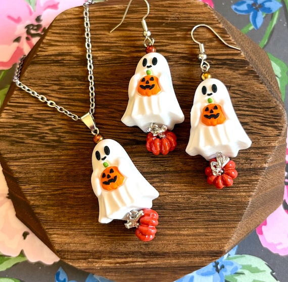 Halloween Ghost Pumpkin Jewelry Set: Hematite Necklace & Earrings