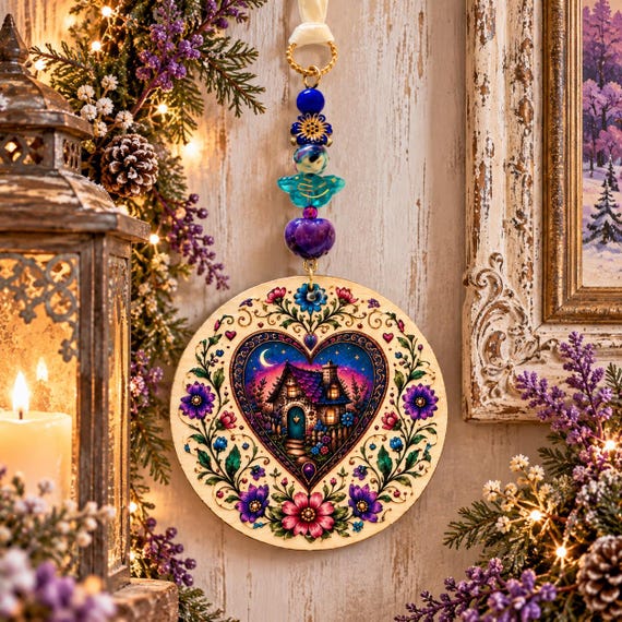 Moonlit Cottage of Enchanted Wishes | Handmade Gemstone Hanging Ornament | Blue Jade | Whimsical Cottagecore Heart Decor | Gift