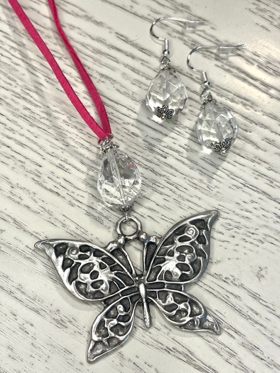Gemstone Necklace / Earrings - Quartz Crystal Healing, Butterfly Jewelry