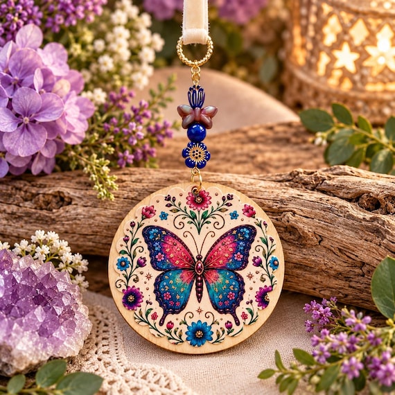 Enchanted Butterfly Hanging Ornament, Blue Jade Gemstone, Handmade Wood Floral Decor, Cottagecore Fairy Garden Gift