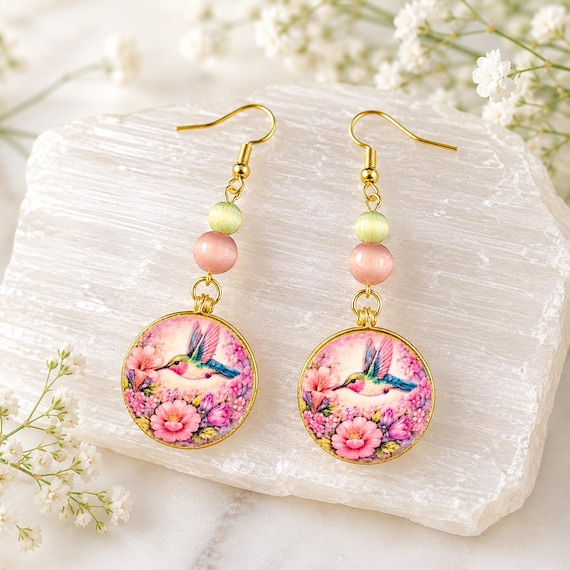 Hummingbird Blossom Whispers Earrings • Handmade Double-Sided Art Earrings • Cat’s Eye Gemstones • 316L Hypoallergenic Stainless Steel Gold