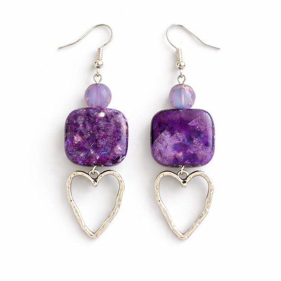 Amethyst Heart Dangle Earrings – Purple Gemstone, Silver Open Heart, Hypoallergenic Stainless Steel