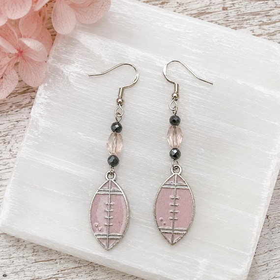 Pink Football Earrings, Silver Hematite Gemstone Dangles, Pink Game Day Jewelry, Hypoallergenic Surgical Stainless Steel Ear Wires