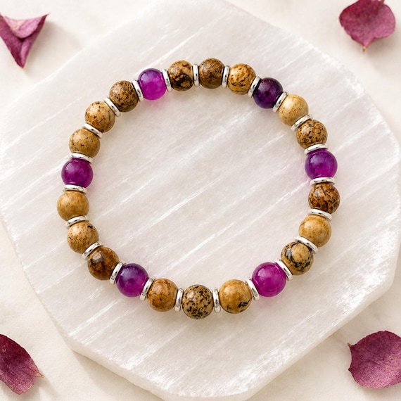 Sugilite and Golden Sandalwood Bracelet, Purple Gemstone Stretch Bracelet, Moonlit Garden Jewelry, Spiritual Protection Gift