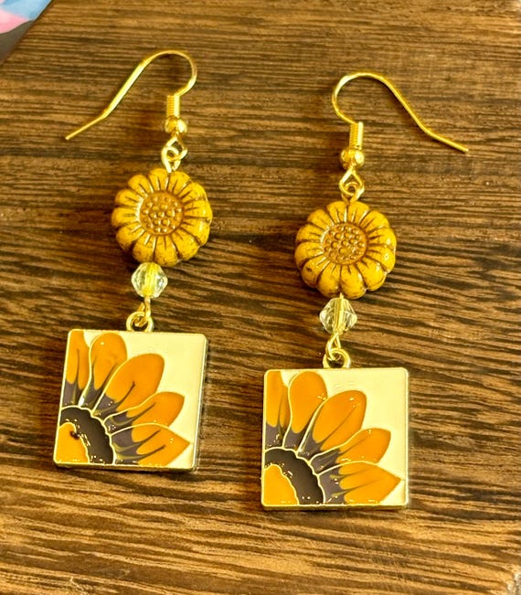 Citrine Sunflower Earrings: Czech Glass & Enamel, Reiki-Infused
