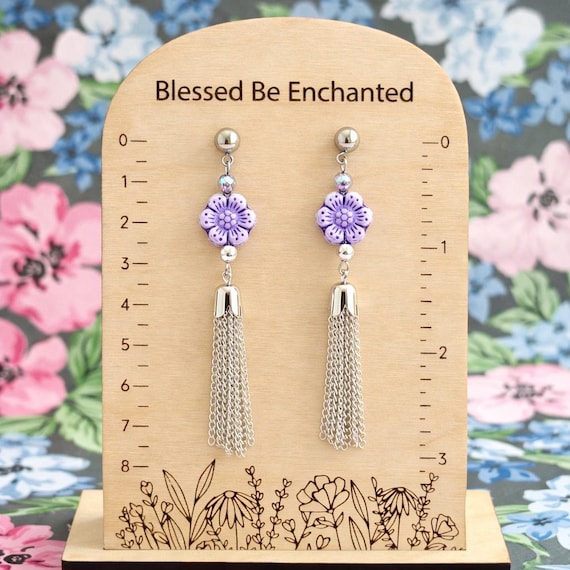 Violet Czech Glass Flower Tassel Earrings – Silver Hematite, Crystal Beads, Boho Drops