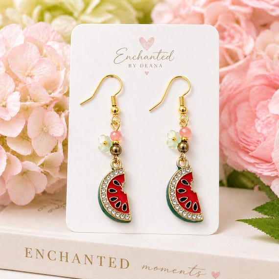 Watermelon Earrings, Summer Fruit Jewelry, Sparkly Dangle Earrings, Crystal Statement Earrings, Cute Kawaii Jewelry, Hypoallergenic Gold