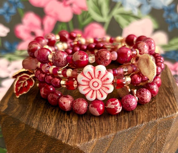 Autumn Bloom Wrap Bracelet: Czech Glass, Imperial Jasper, Enamel Leaf Charms