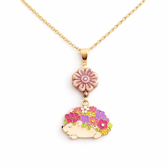 Enchanted Hedgehog Necklace | Floral Czech Glass Pendant, Hematite Gemstone Jewelry