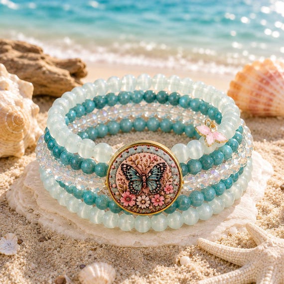 Butterfly Tide Enchantment Coil Wrap Bracelet • Apatite Gemstones • Cat’s Eye Beads • Faceted Crystals • Pearls • Coastal Butterfly