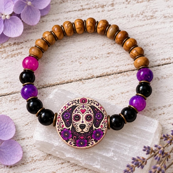 Forever in Bloom Dog Gemstone Bracelet | Black Onyx Sugilite Petrified Wood | Day of the Dead Dog Jewelry | Pet Lover Gift