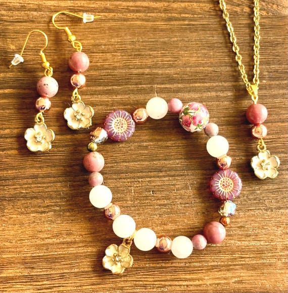 Gemstone Bracelet / Earrings/ Pendant Necklace - Hematite / Rose Quartz / Rhodonite Crystal Healing, Isn’t She Lovely