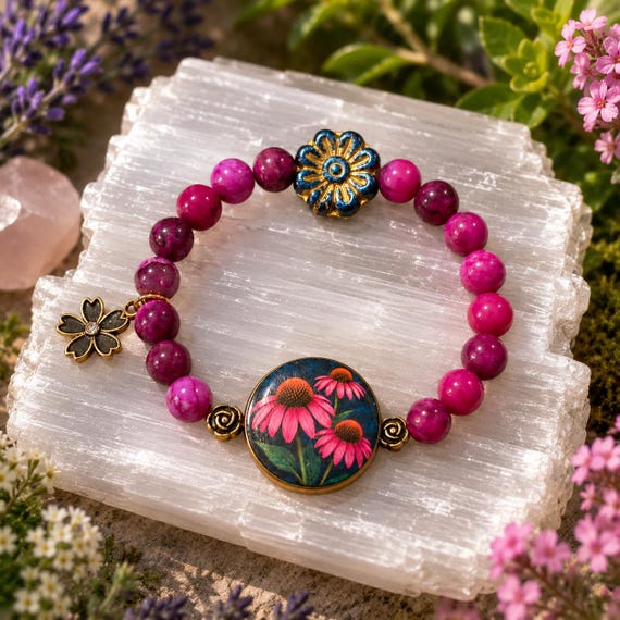 Coneflower Cottage Bloom Bracelet • Sugilite Gemstones • Floral Wood Bead Bracelet • Czech Glass Daisy • Flower Charm Bracelet • Garden Love