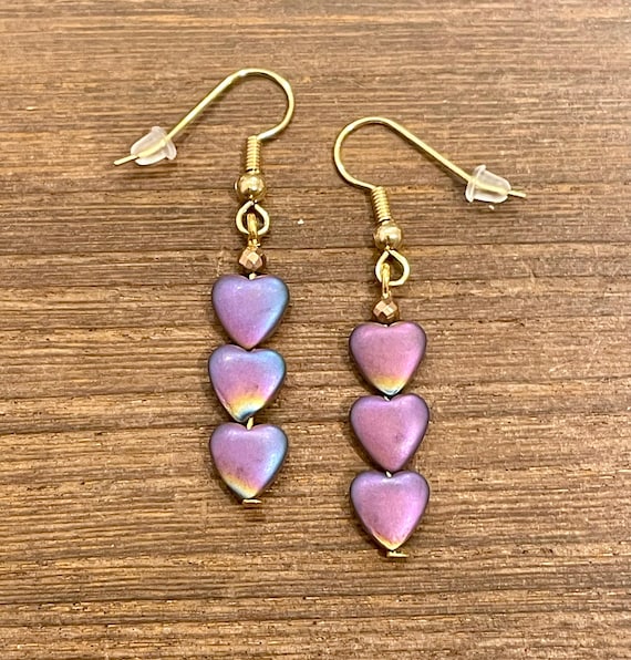 Gemstone Earrings - Hematite Crystal Healing, Heart Rainbow