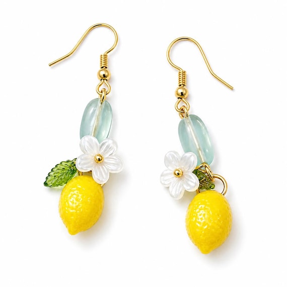 Lemon Blossom Fluorite Earrings, Gold Tone Surgical Steel Hooks, Citrus Fruit Dangle