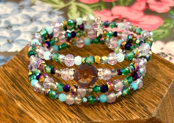 Enchanted Galaxy Gemstone Wrap Bracelet – Hematite, Czech Glass, Silver Stars