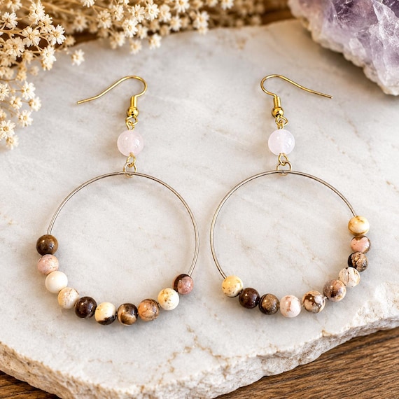 Whispering Meadow Hoops | Pink Aventurine & Agate Gemstone Hoop Earrings | Gold Hypoallergenic Stainless Steel | Boho Cottagecore Earrings
