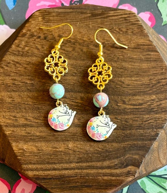 Dreaming in Bloom Earrings – Galaxy Sea Sediment Jasper, Golden Filigree & Floral Sleeping Cat Charm | Calming Gemstone Dangles / Cat Lovers