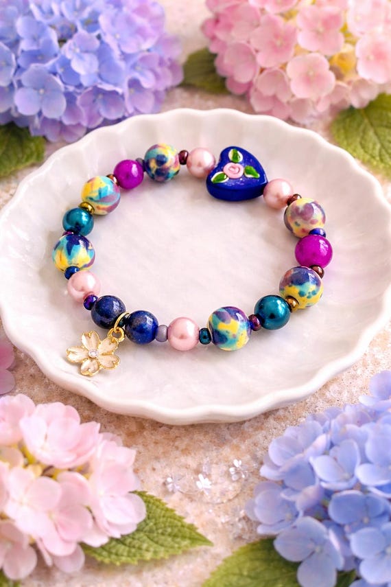 Sugilite Lapis Lazuli Stretch Bracelet • Lampwork Heart Charm Jewelry