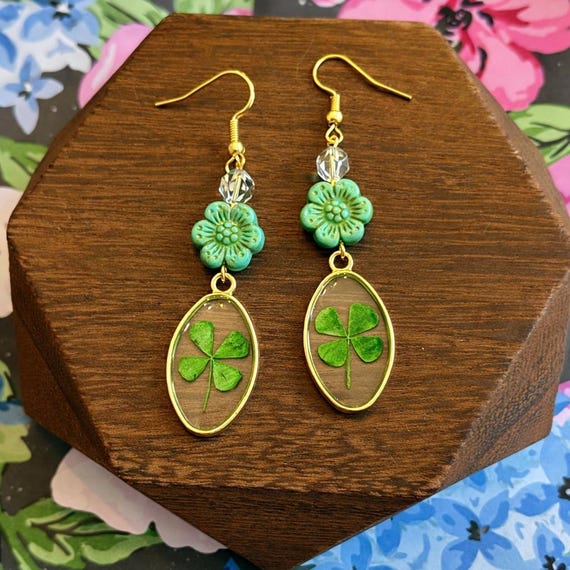 Four Leaf Clover Resin Dangle Earrings – Czech Glass Flowers, Lucky Charm