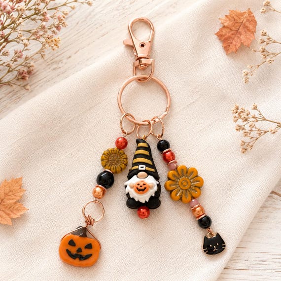 Moonlit Pumpkin Patch Gnome Purse Charm, Black Onyx Rose Gold Hematite, Halloween Cat Keychain, Autumn Bag Charm