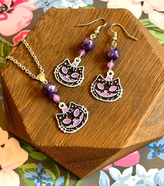 Halloween Cat Jewelry Set: Charoite Jade, Chalcedony, Enamel Charm, Hypoallergenic Steel
