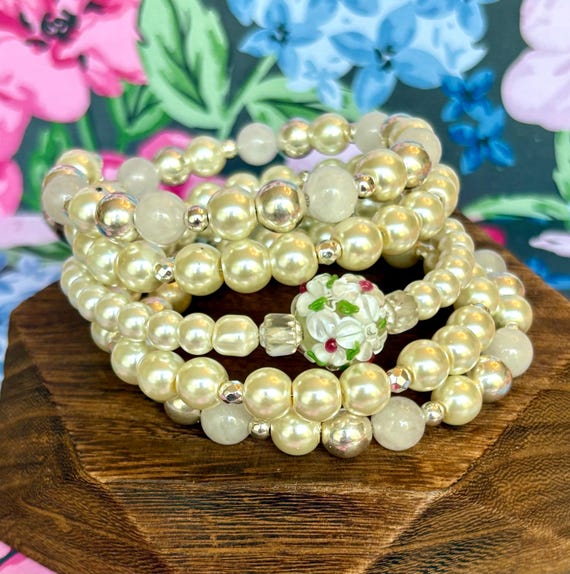 White Jade Pearl Wrap Bracelet: Lampwork Glass Flower, Reiki-Infused