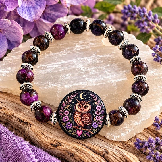 Midnight Owl Garden Bracelet, Purple Sea Sediment Jasper Bracelet, Owl Moon Jewelry, Mystical Gemstone Bracelet, Artisan Wood Bead