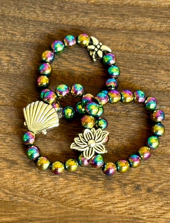 Mystic Tide Trinity Ring Set - Titanium Rainbow Hematite