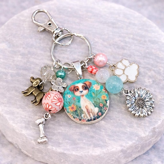 Puppy Garden Charm Keychain | Rose Quartz, Jade, Paw Print, Dog Lover Accessory