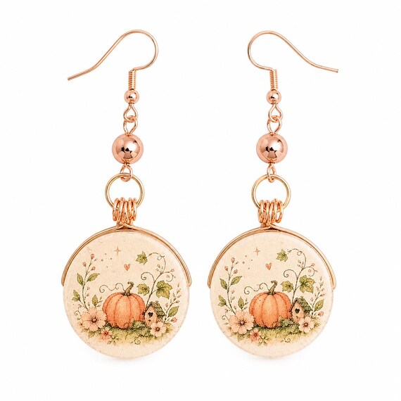 Whispering Pumpkin Cottage Earrings | Watercolor Pumpkin Earrings | Rose Gold Fall Earrings | Cottagecore Autumn Jewelry | Handmade
