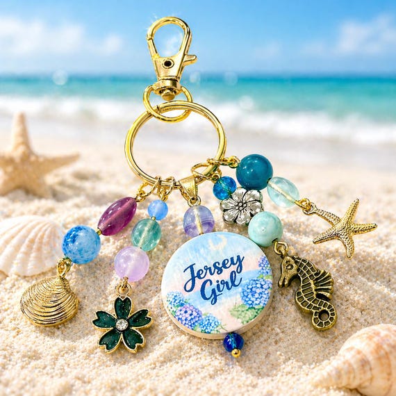 Jersey Girl Ocean Soul Enchanted Charm Keychain | Jersey Shore Collection | Fluorite Jade Aventurine | Seahorse Starfish Shell | Coastal