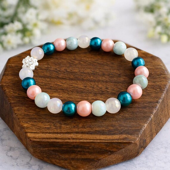 Rose Quartz Teal Pearl Lotus Flower Stretch Bracelet
