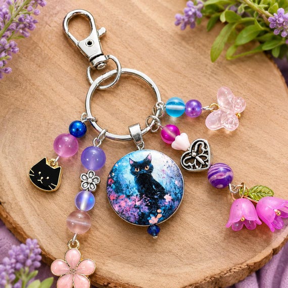 Midnight Garden Familiar Enchanted Gemstone Purse Charm Keychain • Black Cat Charm • Cats Eye & Jade Gemstones • Butterfly and Floral