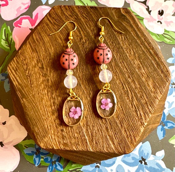 Lady Love Petals Earrings – Jade, Crystal and Resin Flower Earrings – Czech Glass Ladybugs – Hypoallergenic Stainless Steel – Garden Goddess