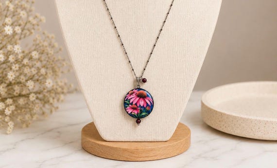 Coneflower Wishes Enchantment Necklace • Garnet Gemstone Necklace • Artisan Floral Wood Pendant • Stainless Steel Hypoallergenic Chain •