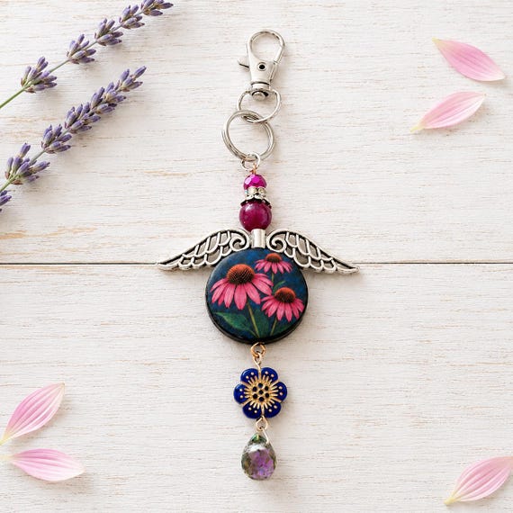 Coneflower Angel Purse Charm, Sugilite Gemstone Keychain, Handmade Artisan Wood Bead, Floral Bag Charm, Inspirational Gift