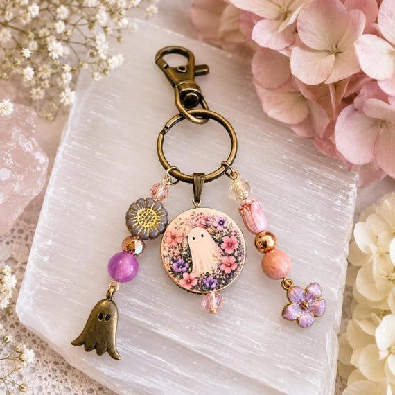 Boo’s Blossom Garden Purse Charm Keychain | Handmade Double-Sided Ghost Art | Rhodochrosite, Jade & Rose Gold Hematite Gemstones | Whimsical