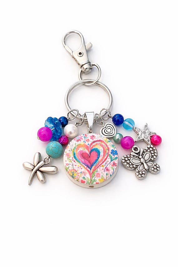Enchanted Heart Garden Charm Keychain, Reiki Infused Gemstone Purse Charm, Butterfly Dragonfly Keychain, Colorful Boho Gift for Her